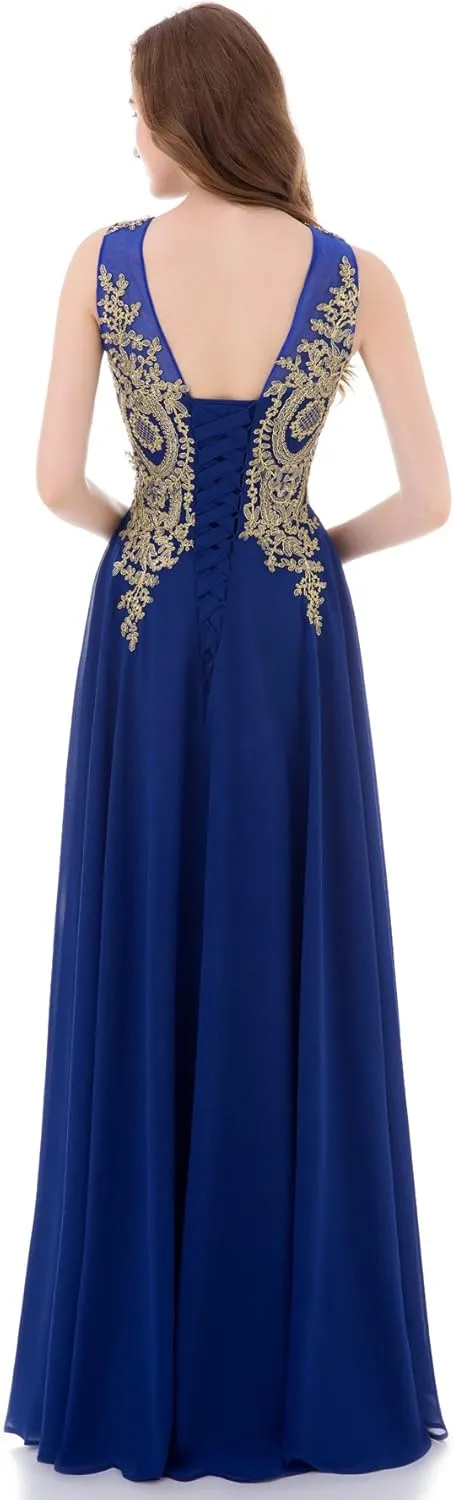 Kivary Gold Lace A Line Long Chiffon Women Formal Corset Prom Evening Dresses
