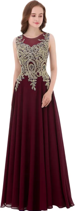 Kivary Gold Lace A Line Long Chiffon Women Formal Corset Prom Evening Dresses