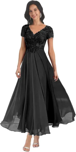 Lace Applique Mother of The Bride Dresses Tea Length V Neck Chiffon Wedding Guest Dress