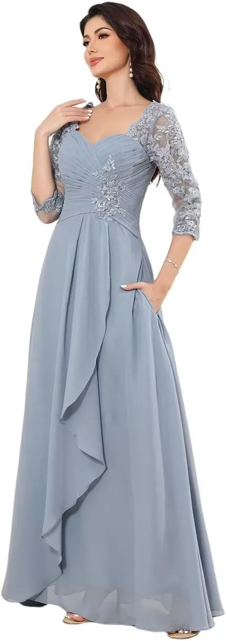 Lace Appliques Mother of The Bride Dresses for Wedding A-Line 3/4 Sleeve Formal Evening Dress with Pocket