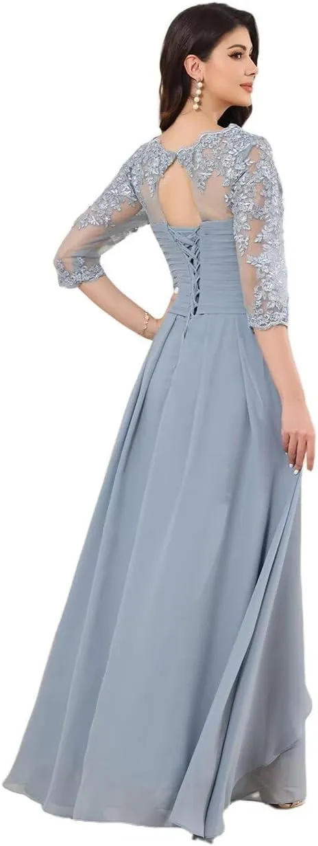 Lace Appliques Mother of The Bride Dresses for Wedding A-Line 3/4 Sleeve Formal Evening Dress with Pocket