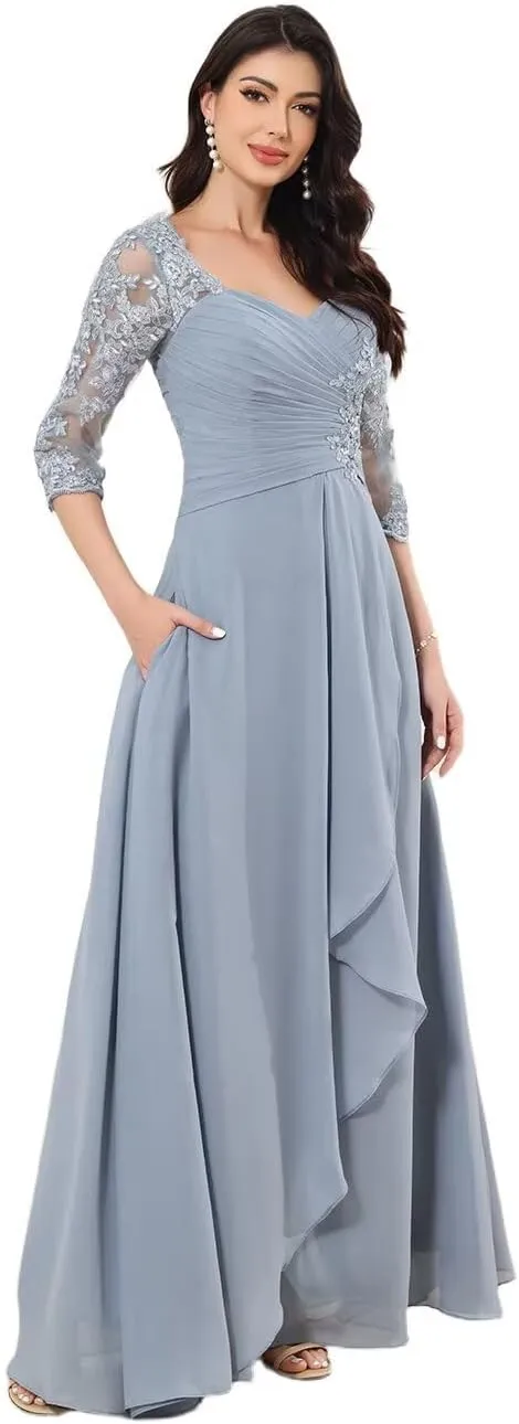 Lace Appliques Mother of The Bride Dresses for Wedding A-Line 3/4 Sleeve Formal Evening Dress with Pocket