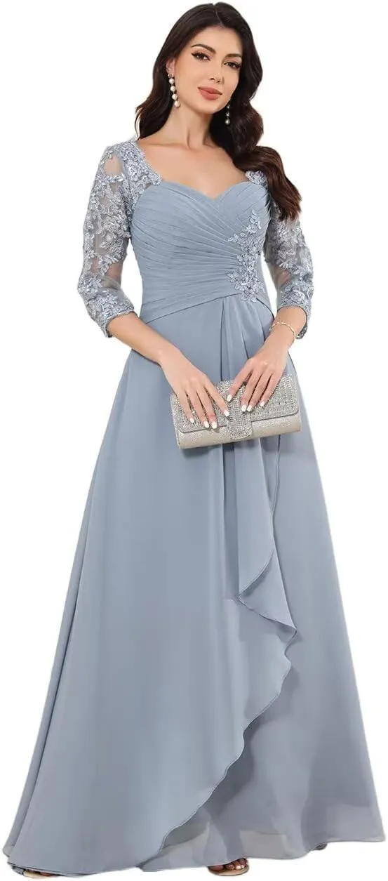 Lace Appliques Mother of The Bride Dresses for Wedding A-Line 3/4 Sleeve Formal Evening Dress with Pocket