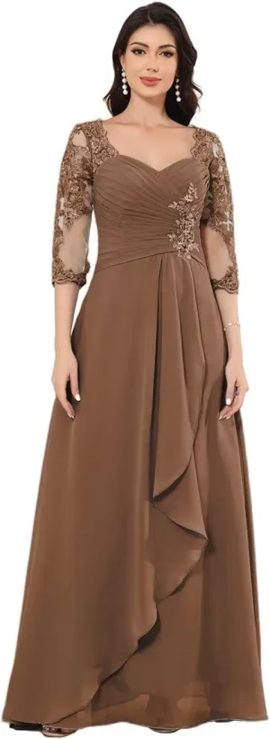 Lace Appliques Mother of The Bride Dresses for Wedding A-Line 3/4 Sleeve Formal Evening Dress with Pocket