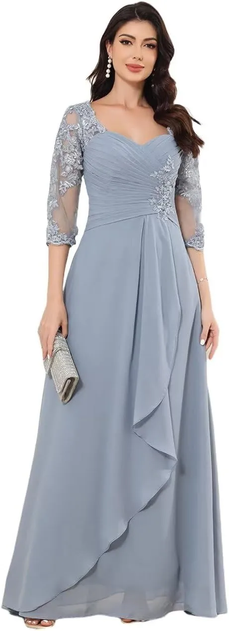 Lace Appliques Mother of The Bride Dresses for Wedding A-Line 3/4 Sleeve Formal Evening Dress with Pocket