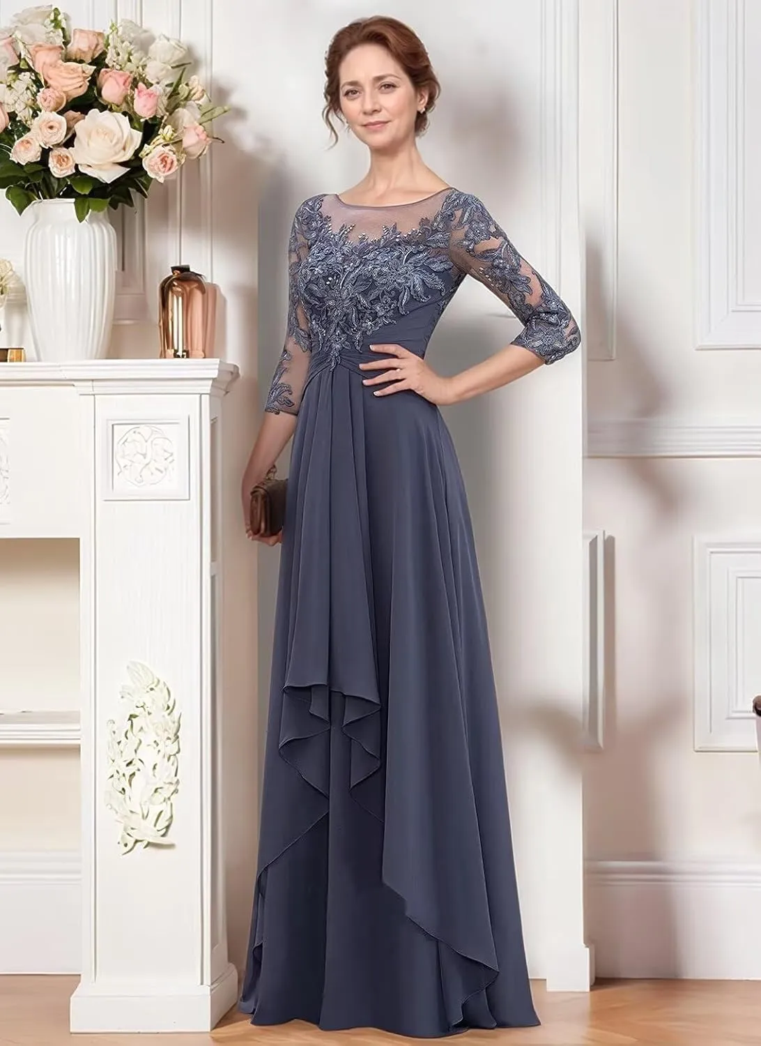 Lace Appliques Mother of The Bride Dresses Half Sleeve Chiffon Ruffle Long Formal Evening Gowns