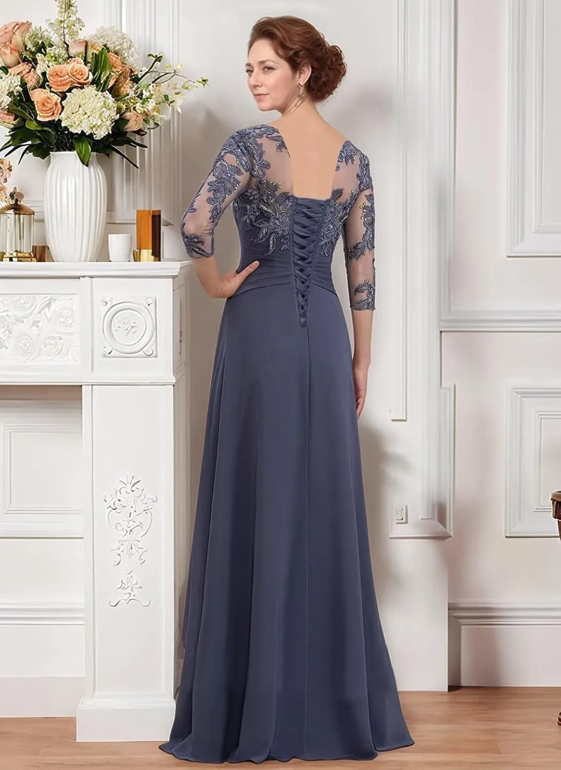 Lace Appliques Mother of The Bride Dresses Half Sleeve Chiffon Ruffle Long Formal Evening Gowns