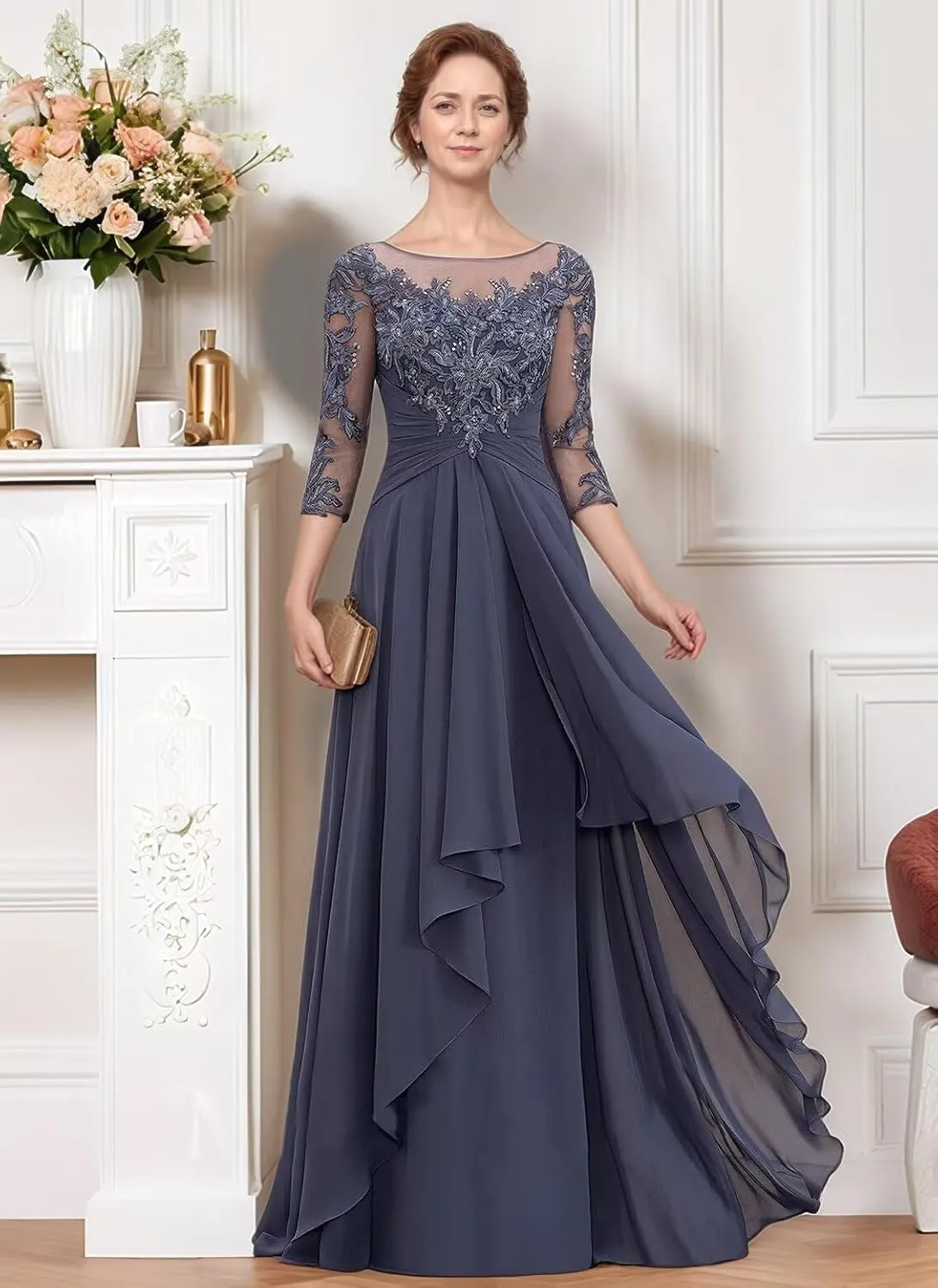 Lace Appliques Mother of The Bride Dresses Half Sleeve Chiffon Ruffle Long Formal Evening Gowns