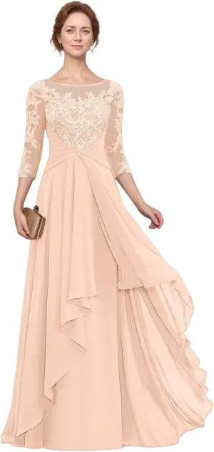 Lace Appliques Mother of The Bride Dresses Half Sleeve Chiffon Ruffle Long Formal Evening Gowns