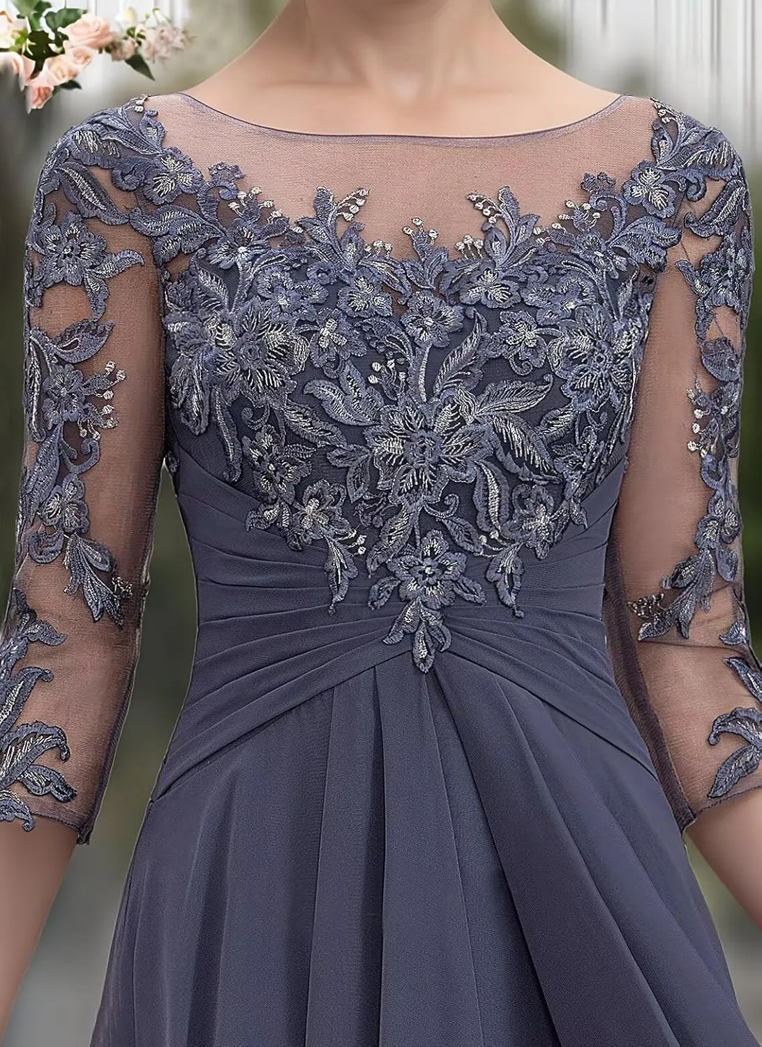 Lace Appliques Mother of The Bride Dresses Half Sleeve Chiffon Ruffle Long Formal Evening Gowns