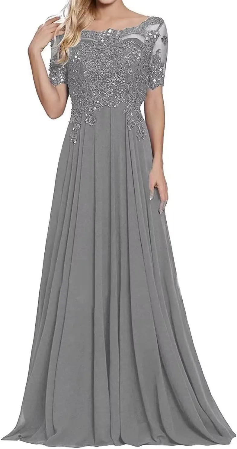 Laces Chiffon Mother of The Bride Dress Short Sleeve Mother of The Groom Dresses Formal Evening Gowns for Women