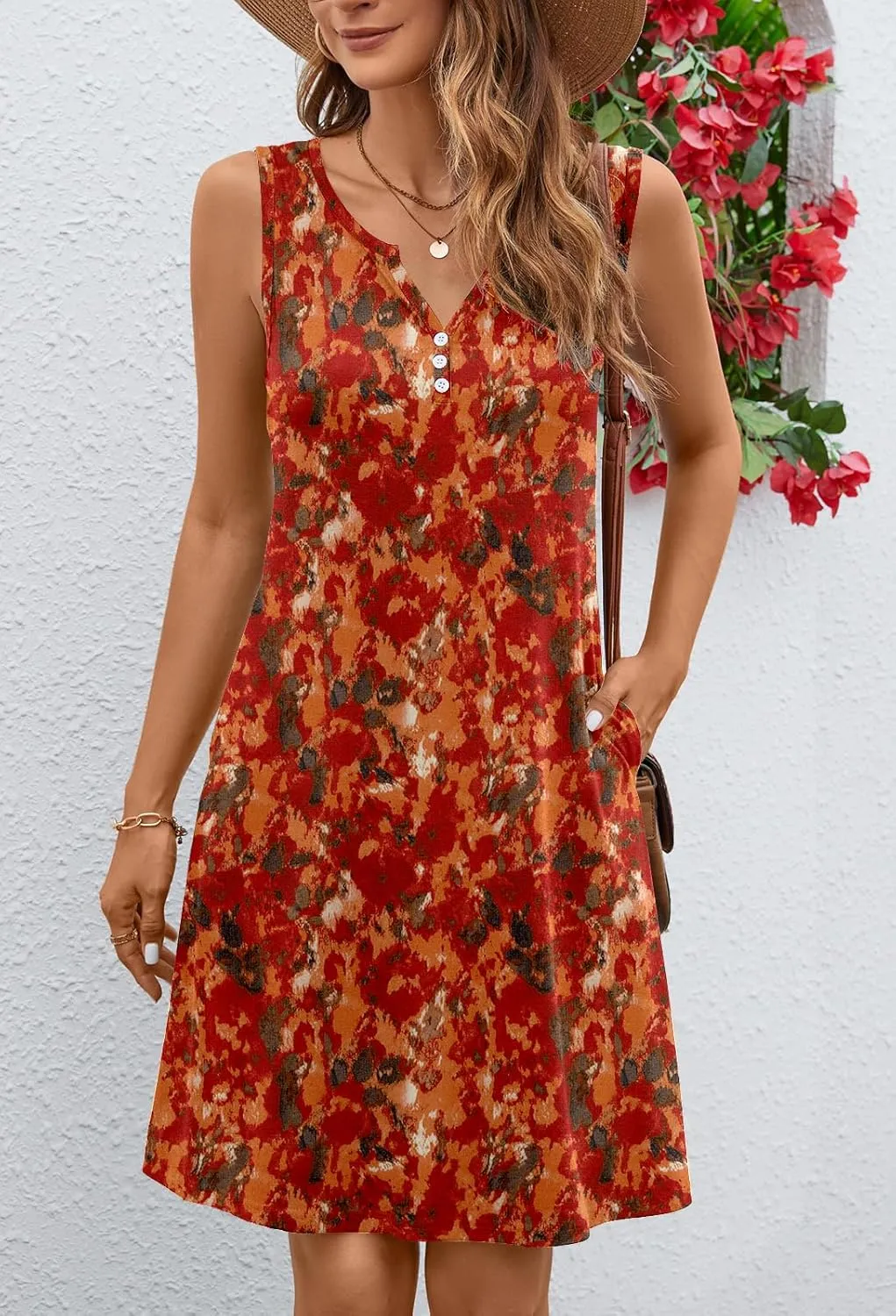 Ladlop Summer Dresses for Women 2025 Beach Loose Casual A Line Dress Sleeveless V-Neck Sundress with Pockets