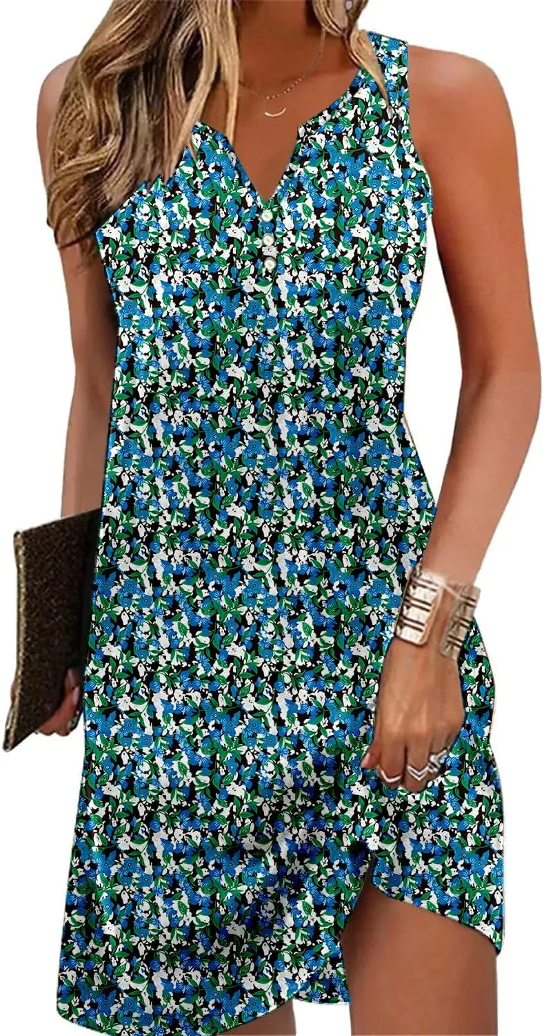 Ladlop Summer Dresses for Women 2025 Beach Loose Casual A Line Dress Sleeveless V-Neck Sundress with Pockets