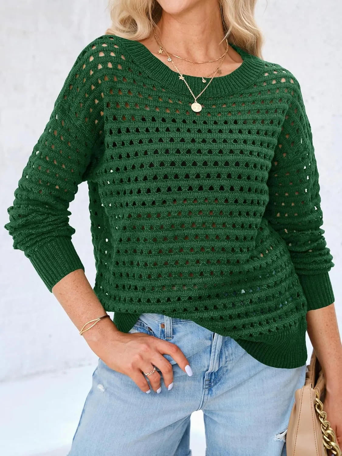 Langwyqu Womens Oversized Crochet Sweaters Trendy Sexy Knit Cotton Crew Neck Long Sleeve Hollow Out Pullover Cover Ups