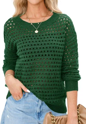 Langwyqu Womens Oversized Crochet Sweaters Trendy Sexy Knit Cotton Crew Neck Long Sleeve Hollow Out Pullover Cover Ups