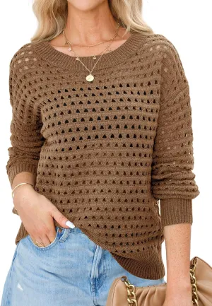 Langwyqu Womens Oversized Crochet Sweaters Trendy Sexy Knit Cotton Crew Neck Long Sleeve Hollow Out Pullover Cover Ups