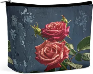 Leather Makeup Bag Waterproof Cosmetic Bag for Women Shabby Chic Roses Open Flat Toiletry Bags Portable Pouch With Zipper Make Up Organizer Case for Travel Accessories