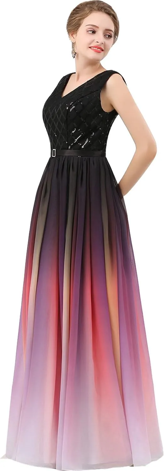 Lemai V Neck Long Sequined Chiffon A Line Corset Prom Evening Dresses