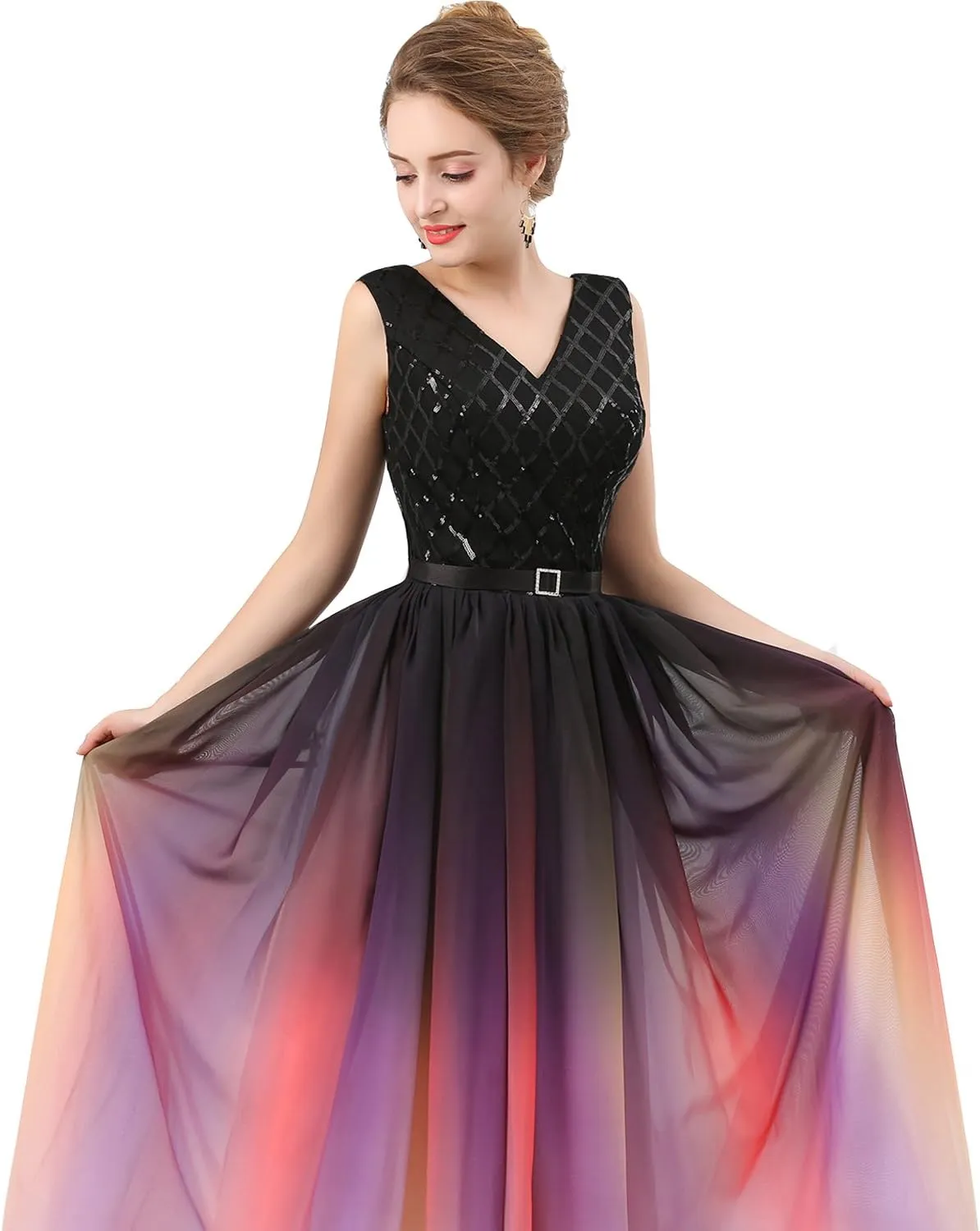 Lemai V Neck Long Sequined Chiffon A Line Corset Prom Evening Dresses