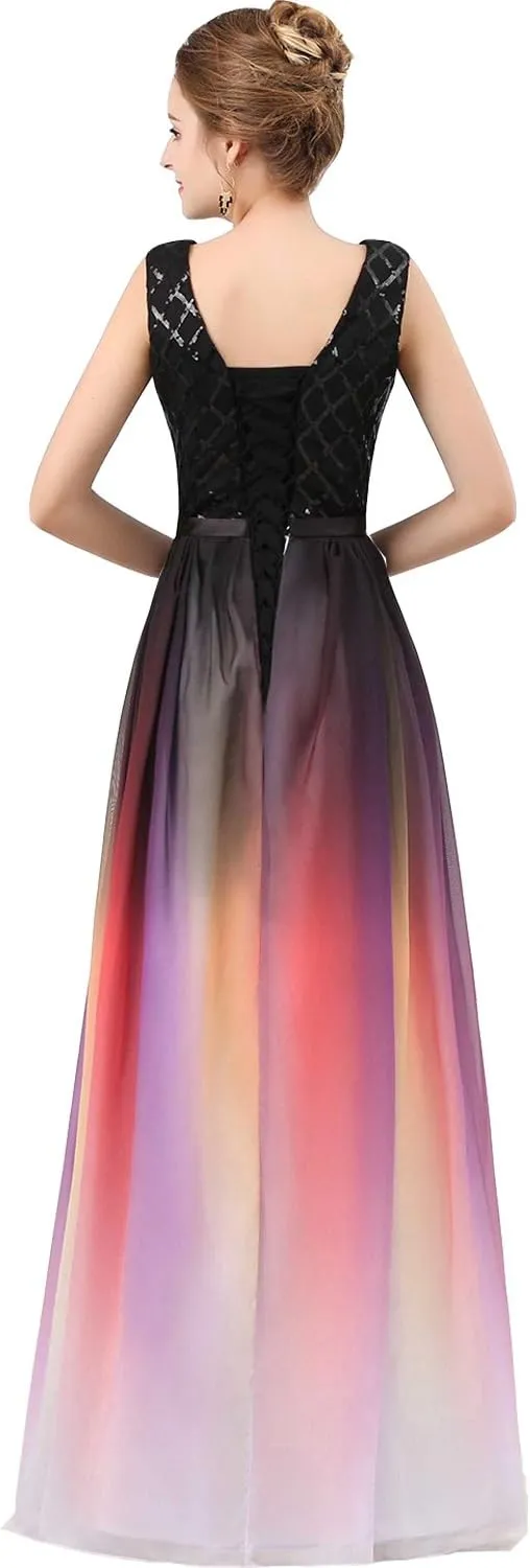Lemai V Neck Long Sequined Chiffon A Line Corset Prom Evening Dresses