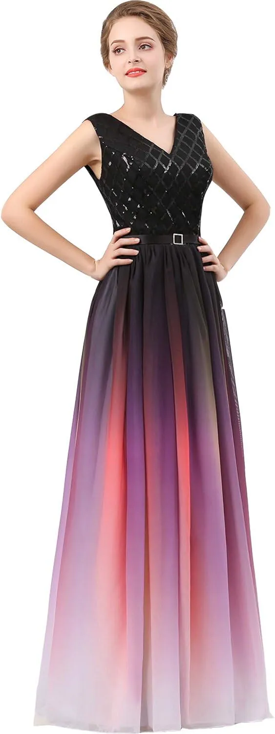Lemai V Neck Long Sequined Chiffon A Line Corset Prom Evening Dresses