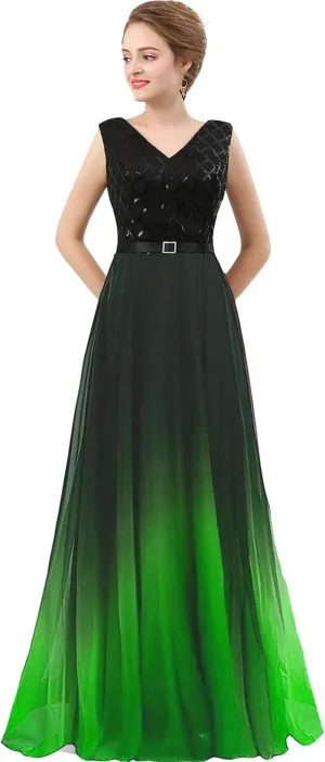 Lemai V Neck Long Sequined Chiffon A Line Corset Prom Evening Dresses