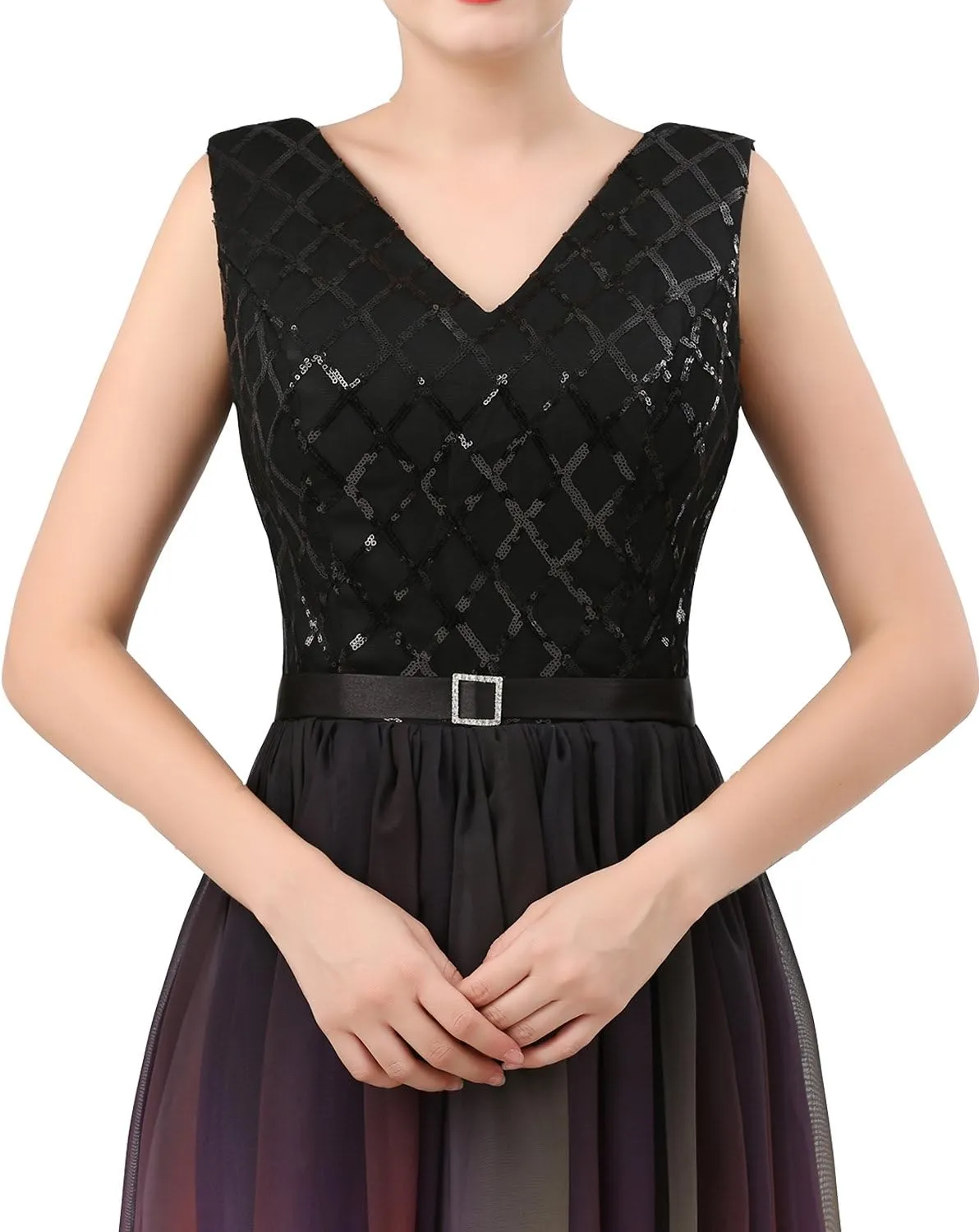 Lemai V Neck Long Sequined Chiffon A Line Corset Prom Evening Dresses