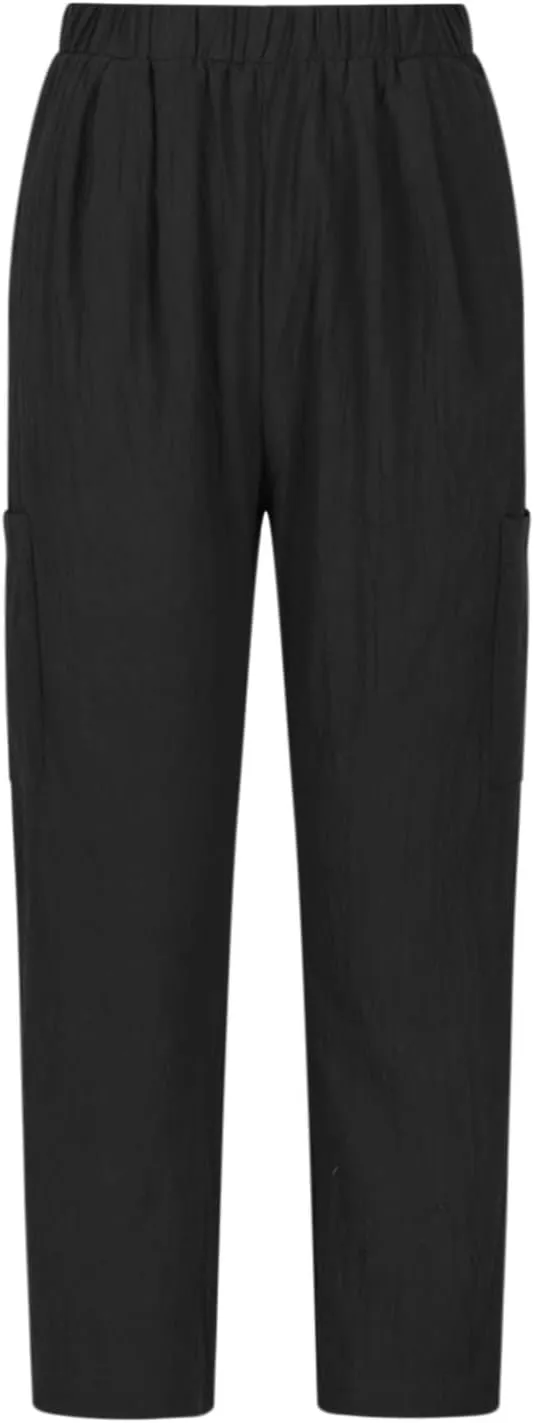 Linen Pants for Women High Waisted Casual 2023 Summer Elastic Waist Straight Leg Long Lounge Trousers Pant