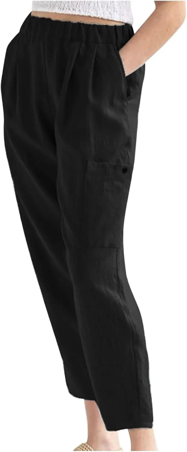 Linen Pants for Women High Waisted Casual 2023 Summer Elastic Waist Straight Leg Long Lounge Trousers Pant