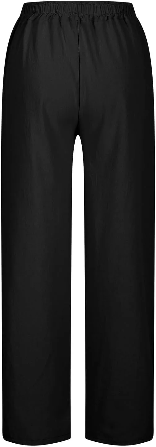 Linen Pants Women Lightweight 2025 Elastic Waist Split Hem Bootcut Pant Loose Fit Solid Color Trousers with Pockets