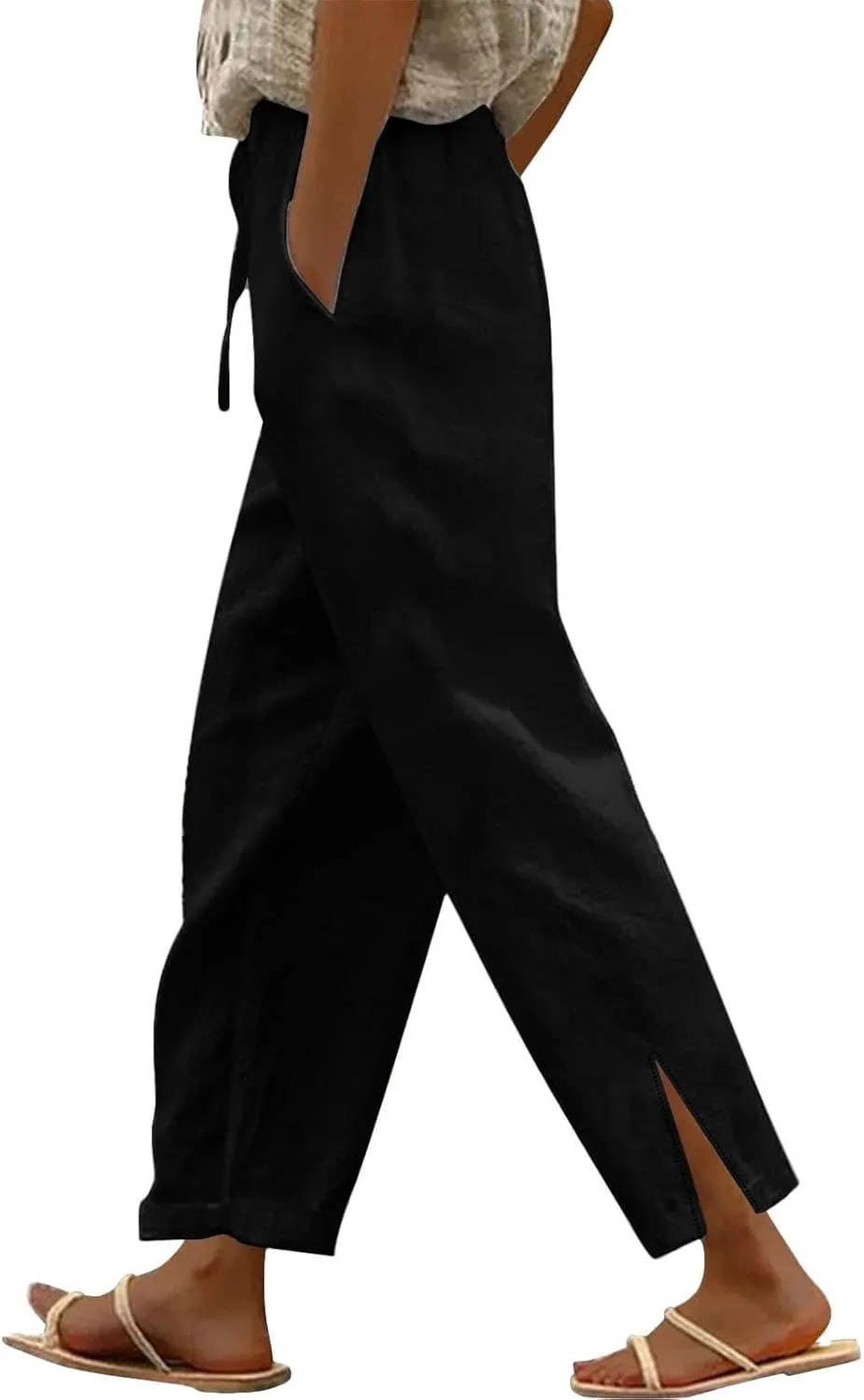 Linen Pants Women Lightweight 2025 Elastic Waist Split Hem Bootcut Pant Loose Fit Solid Color Trousers with Pockets