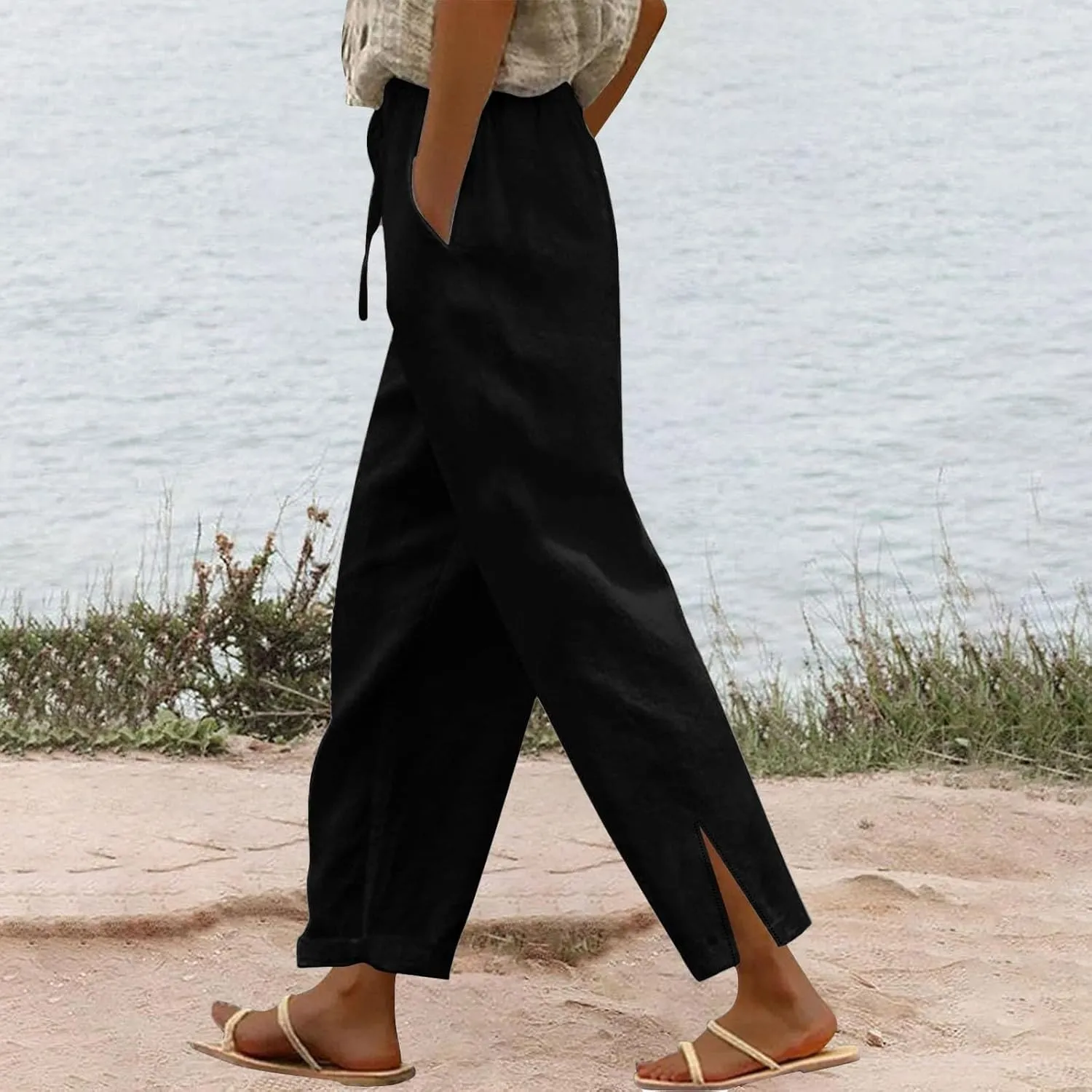 Linen Pants Women Lightweight 2025 Elastic Waist Split Hem Bootcut Pant Loose Fit Solid Color Trousers with Pockets