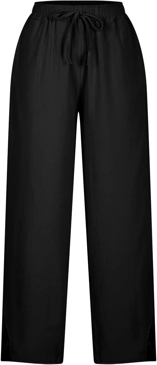 Linen Pants Women Lightweight 2025 Elastic Waist Split Hem Bootcut Pant Loose Fit Solid Color Trousers with Pockets