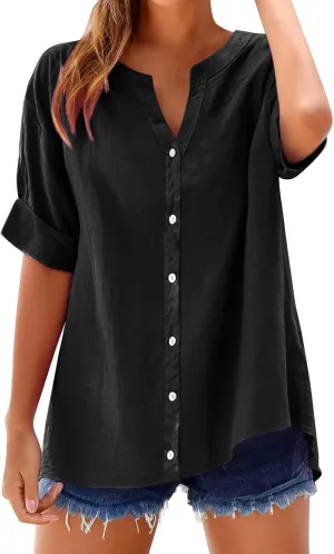 Linen Shirts for Women Short Sleeve Buttons V Neck Boho Tops Solid Color Summer Beach Blouses Casual Loose Fit Tee