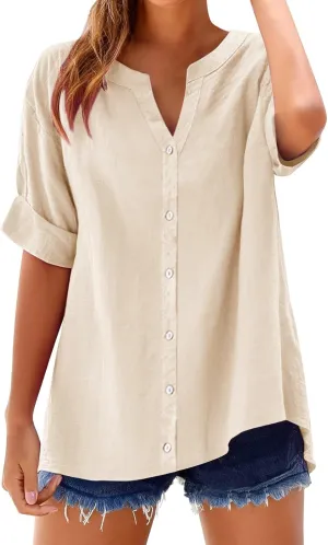 Linen Shirts for Women Short Sleeve Buttons V Neck Boho Tops Solid Color Summer Beach Blouses Casual Loose Fit Tee