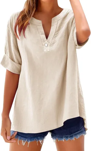Linen Shirts for Women Short Sleeve Buttons V Neck Boho Tops Solid Color Summer Beach Blouses Casual Loose Fit Tee
