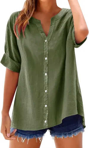 Linen Shirts for Women Short Sleeve Buttons V Neck Boho Tops Solid Color Summer Beach Blouses Casual Loose Fit Tee