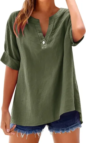 Linen Shirts for Women Short Sleeve Buttons V Neck Boho Tops Solid Color Summer Beach Blouses Casual Loose Fit Tee