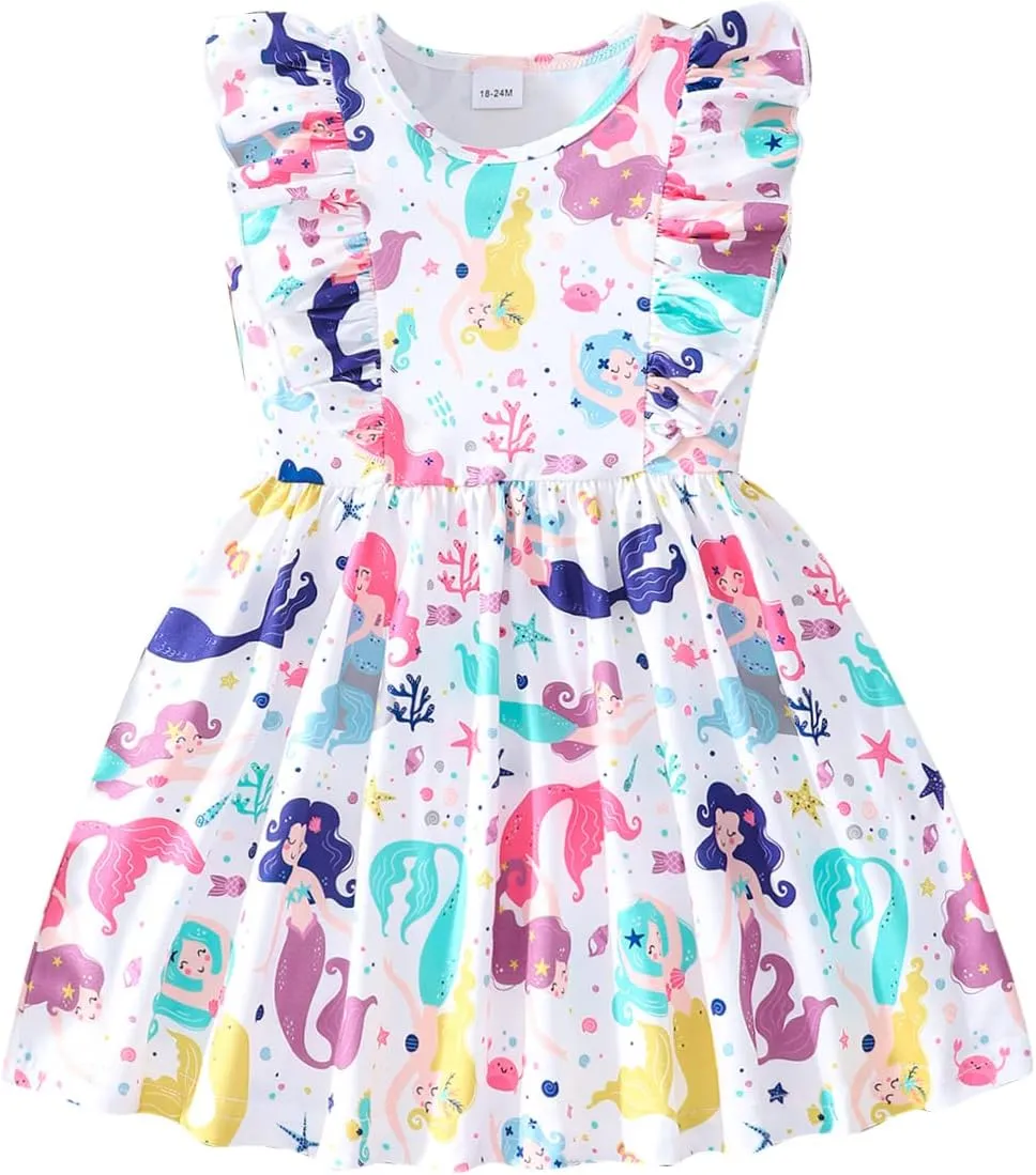 Little Girls A-line Dress Cute Leopard Mermaid Pattern Ruffle Sundress Toddler Girl Casual Dresses for Party 2-7Y