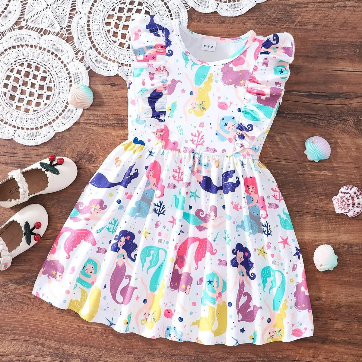 Little Girls A-line Dress Cute Leopard Mermaid Pattern Ruffle Sundress Toddler Girl Casual Dresses for Party 2-7Y