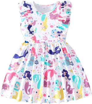 Little Girls A-line Dress Cute Leopard Mermaid Pattern Ruffle Sundress Toddler Girl Casual Dresses for Party 2-7Y