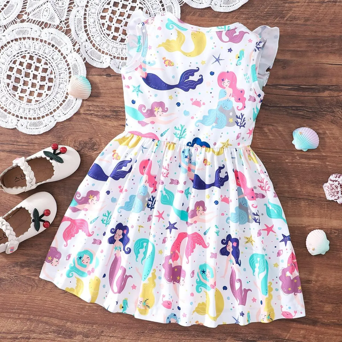 Little Girls A-line Dress Cute Leopard Mermaid Pattern Ruffle Sundress Toddler Girl Casual Dresses for Party 2-7Y