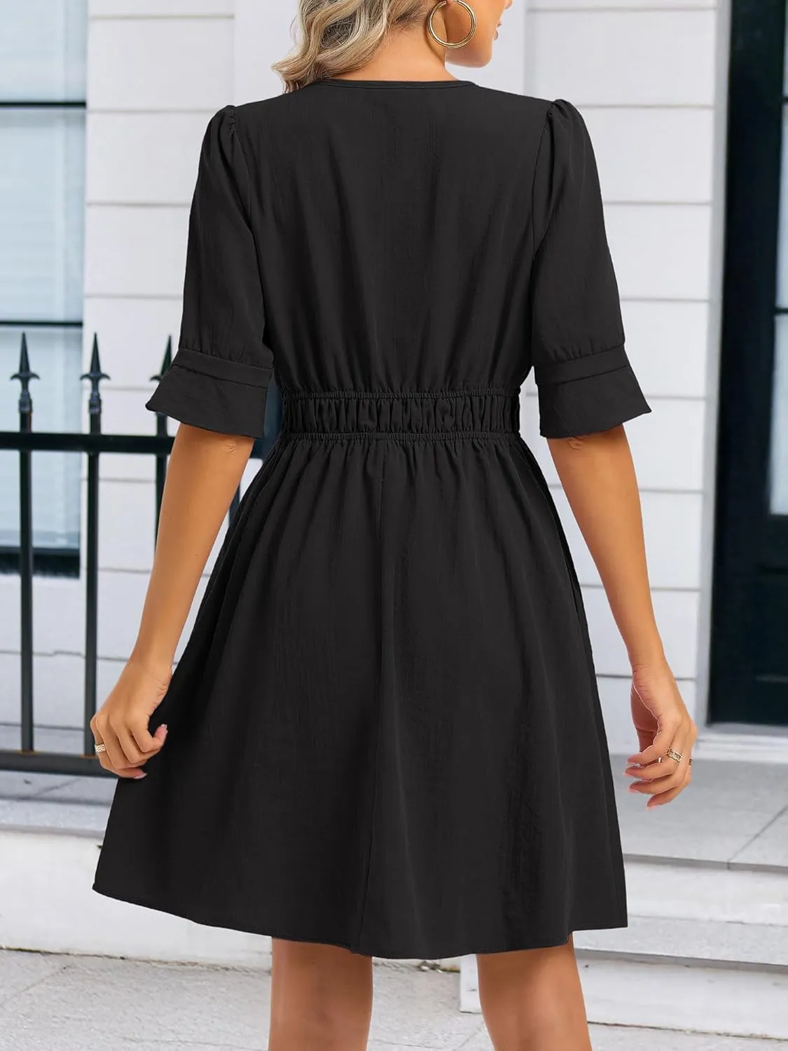 Loemes Womens Casual Work Shirt Dresses V Neck Midi Ruffle Sleeves Solid Color Drop Waist Flowy Summer Dresses with Pockets
