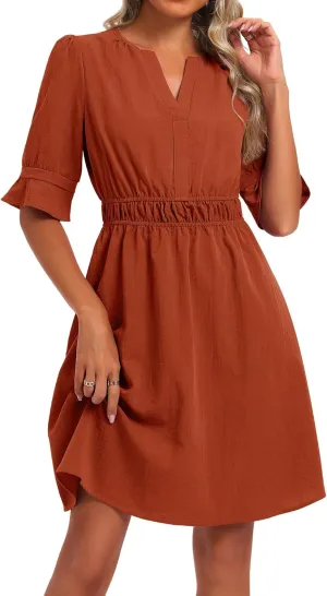 Loemes Womens Casual Work Shirt Dresses V Neck Midi Ruffle Sleeves Solid Color Drop Waist Flowy Summer Dresses with Pockets