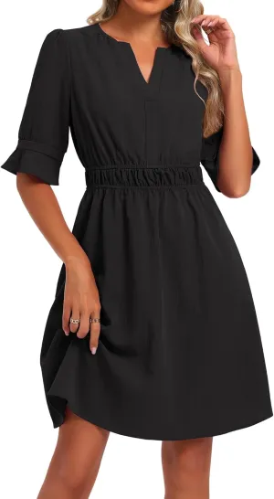 Loemes Womens Casual Work Shirt Dresses V Neck Midi Ruffle Sleeves Solid Color Drop Waist Flowy Summer Dresses with Pockets