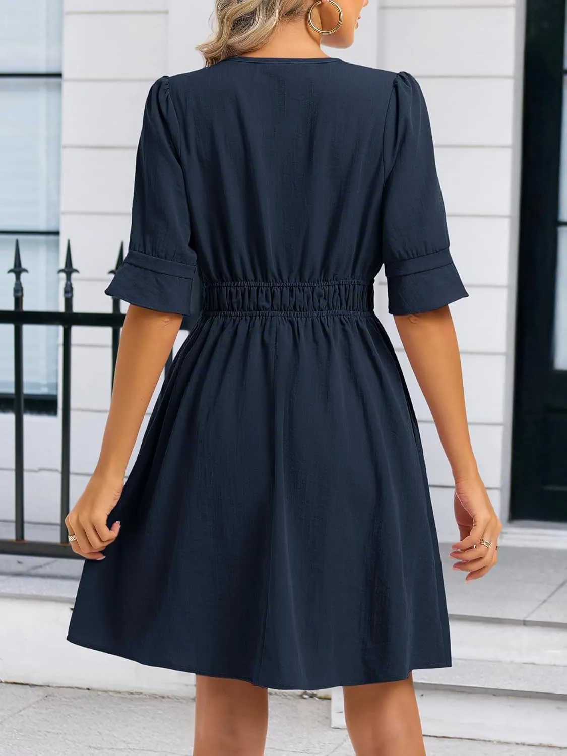 Loemes Womens Casual Work Shirt Dresses V Neck Midi Ruffle Sleeves Solid Color Drop Waist Flowy Summer Dresses with Pockets