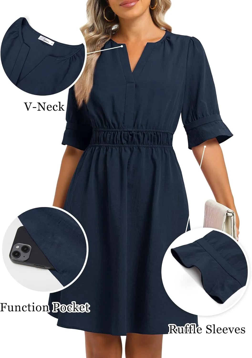 Loemes Womens Casual Work Shirt Dresses V Neck Midi Ruffle Sleeves Solid Color Drop Waist Flowy Summer Dresses with Pockets