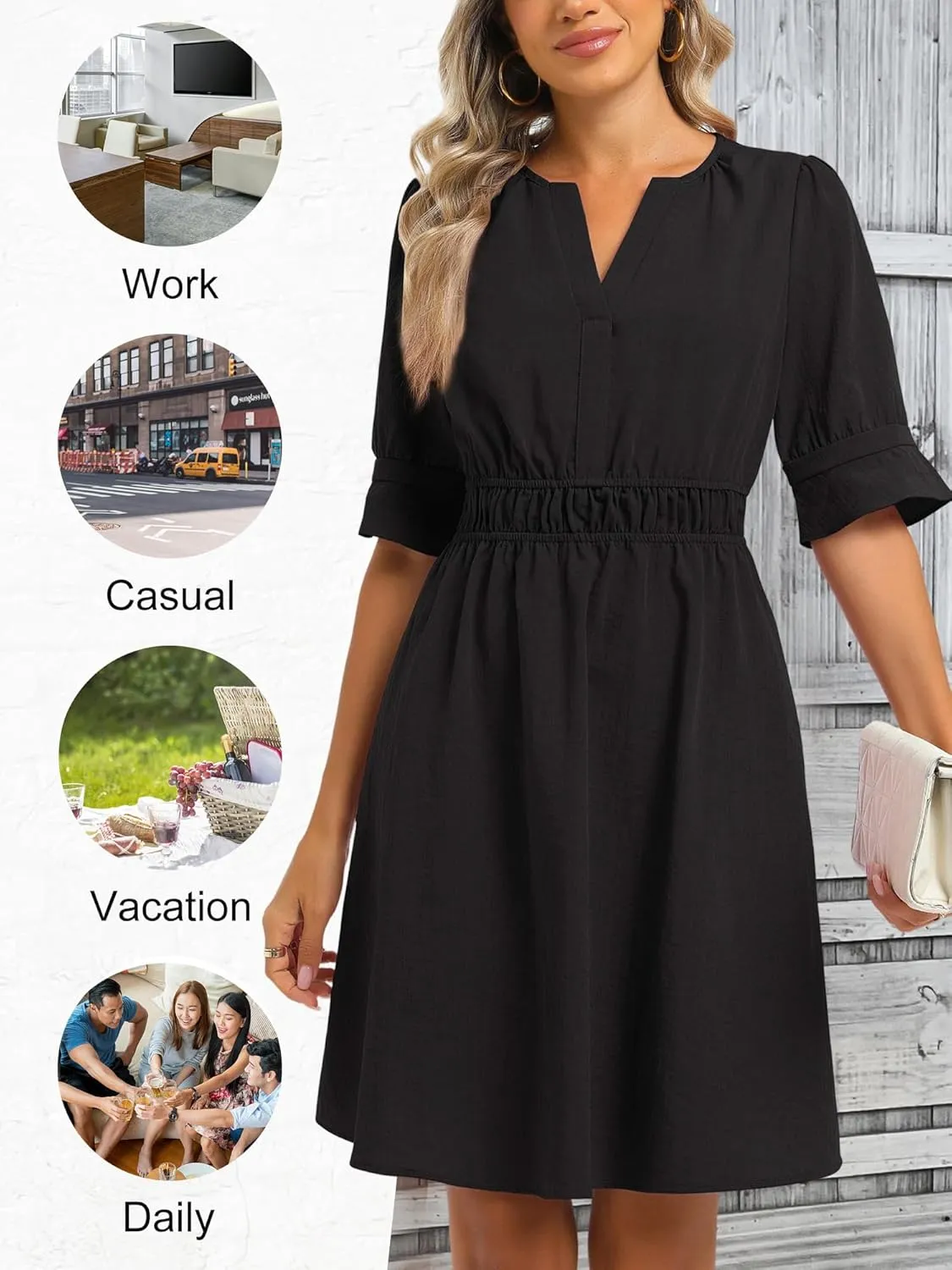 Loemes Womens Casual Work Shirt Dresses V Neck Midi Ruffle Sleeves Solid Color Drop Waist Flowy Summer Dresses with Pockets