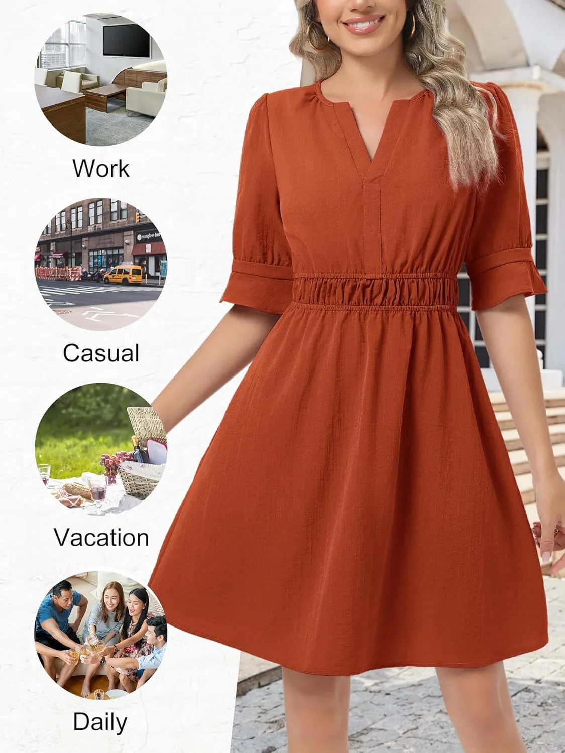 Loemes Womens Casual Work Shirt Dresses V Neck Midi Ruffle Sleeves Solid Color Drop Waist Flowy Summer Dresses with Pockets