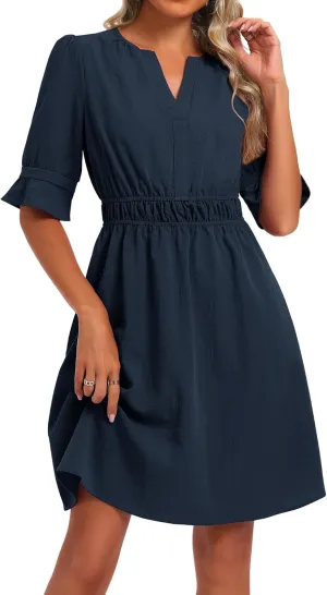 Loemes Womens Casual Work Shirt Dresses V Neck Midi Ruffle Sleeves Solid Color Drop Waist Flowy Summer Dresses with Pockets